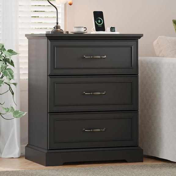 FANRAL 3 Drawers Dresser for Bedroom,24" Wide Wooden Chest of Drawers,Rustic Storage Cabinet Farmhouse Nightstand with Large Drawers & Metal Handles,Black Dresser