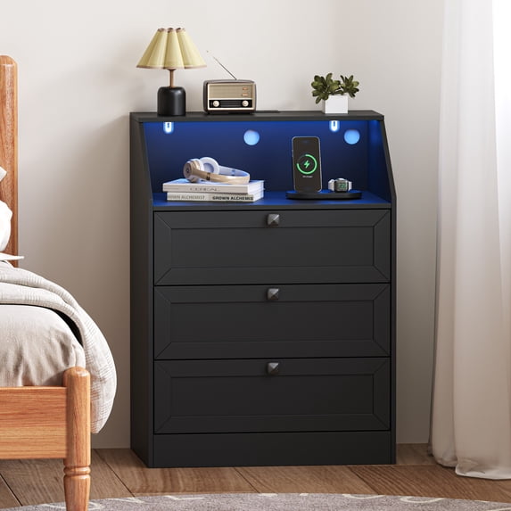FANRAL 3 Drawers Dresser for Bedroom,Tall Dresser Modern Chest of Drawers with LED Open Shelf,Wood Closet Clothes Organizer Storage Cabinet,Black Dresser