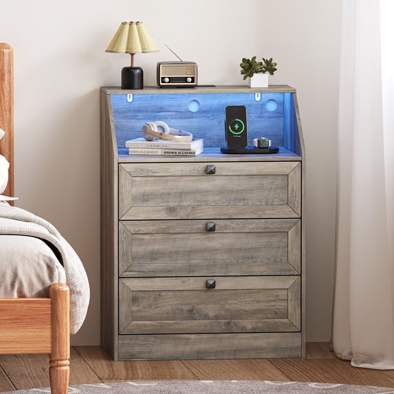 FANRAL 3 Drawers Dresser for Bedroom,Tall Dresser Modern Chest of Drawers with LED Open Shelf,Wood Closet Clothes Organizer Storage Cabinet,Light Gray Dresser