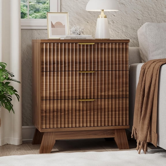 FANRAL 3 Drawers Dresser Fluted Dresser for Bedroom,Wooden Chest of Drawers Modern Dresser for Closet,Walnut Dresser