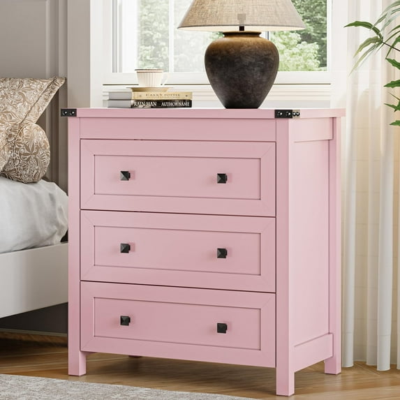 FANRAL 3 Large Drawer Nightstand,29.5" Tall Night Stand,27.5" Wide Side Table,Wood Bedside Table Modern End Table,Small Wide Dresser for Bedroom,Pink Nightstand