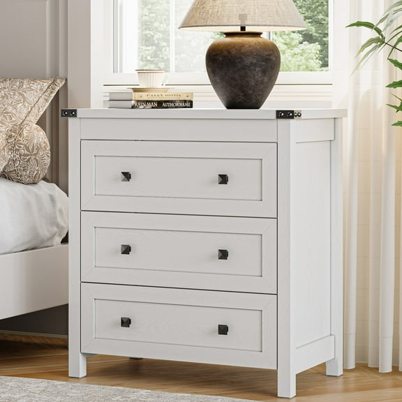 FANRAL 3 Large Drawer Nightstand,29.5" Tall Night Stand,27.5" Wide Side Table,Wood Bedside Table Modern End Table,Small Wide Dresser for Bedroom,White Nightstand