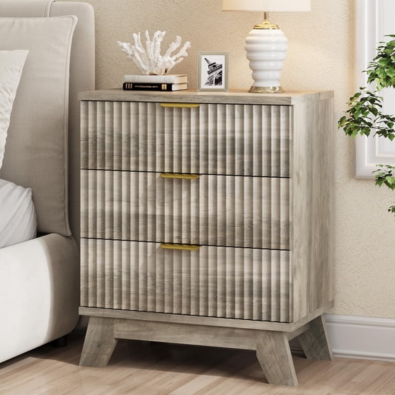 FANRAL 3 Large Drawer Nightstand,30" Tall Night Stand,24" Wide Side Table,Wood Fluted Bedside Table Modern End Table Small Dresser for Bedroom,Gray Nightstand