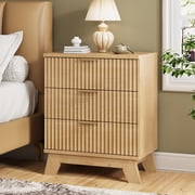 FANRAL 3 Large Drawer Nightstand,30" Tall Night Stand,24" Wide Side Table,Wood Fluted Bedside Table Modern End Table Small Dresser for Bedroom,Natural Oak Nightstand