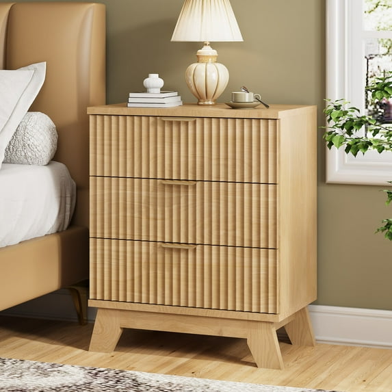 FANRAL 3 Large Drawer Nightstand,30" Tall Night Stand,24" Wide Side Table,Wood Fluted Bedside Table Modern End Table Small Dresser for Bedroom,Natural Oak Nightstand