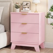 FANRAL 3 Large Drawer Nightstand,30" Tall Night Stand,24" Wide Side Table,Wood Fluted Bedside Table Modern End Table Small Dresser for Bedroom,Pink Nightstand