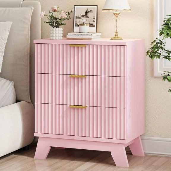FANRAL 3 Large Drawer Nightstand,30" Tall Night Stand,24" Wide Side Table,Wood Fluted Bedside Table Modern End Table Small Dresser for Bedroom,Pink Nightstand