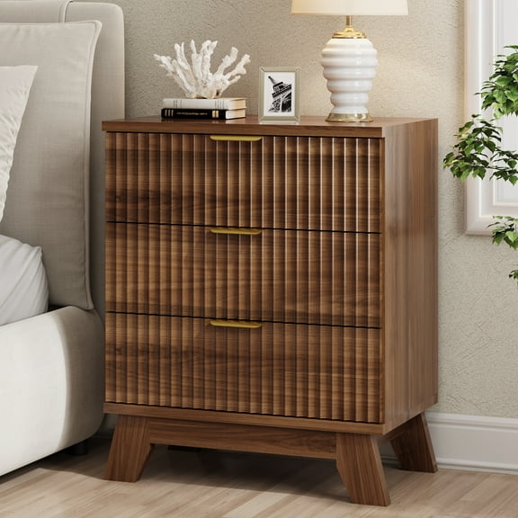 FANRAL 3 Large Drawer Nightstand,30" Tall Night Stand,24" Wide Side Table,Wood Fluted Bedside Table Modern End Table Small Dresser for Bedroom,Walnut Nightstand