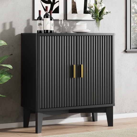 FANRAL 30" Wide Fluted Sideboard Buffet Cabinet with 2 Doors,Adjustable Shelves,X-Shaped Base Mid Century Modern Storage for Kitchen Living Room Dining Room,Black Storage Cabinet