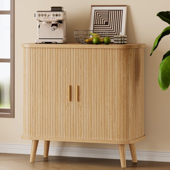 FANRAL 31.5" Wide Fluted Sideboard Buffet Cabinet with Sliding Door,Adjustable Shelves,Multi-Functional Storage Console for Kitchen Dining Room Living Room,Natural Oak Storage Cabinet