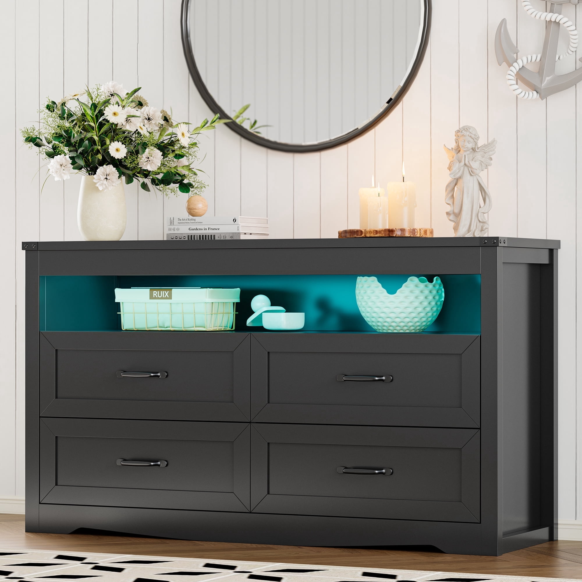 FANRAL 4 Drawers Dresser & Open Shelf for Bedroom,Modern Wooden Chest of Drawers with LED Light,Storage Organizer Dresser for Closet,Black Dresser