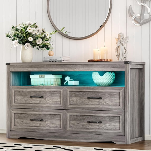 FANRAL 4 Drawers Dresser & Open Shelf for Bedroom,Modern Wooden Chest of Drawers with LED Light,Storage Organizer Dresser for Closet,Wood Dresser