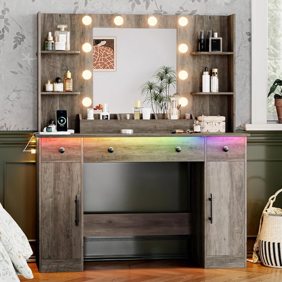 FANRAL 43'' Vanity Desk with 10 LED Lights,Under-Table RGB Strip & Built-in Power Station,Multi-Storage Makeup Table for Bedroom Bathroom Grooming,Gray Vanity