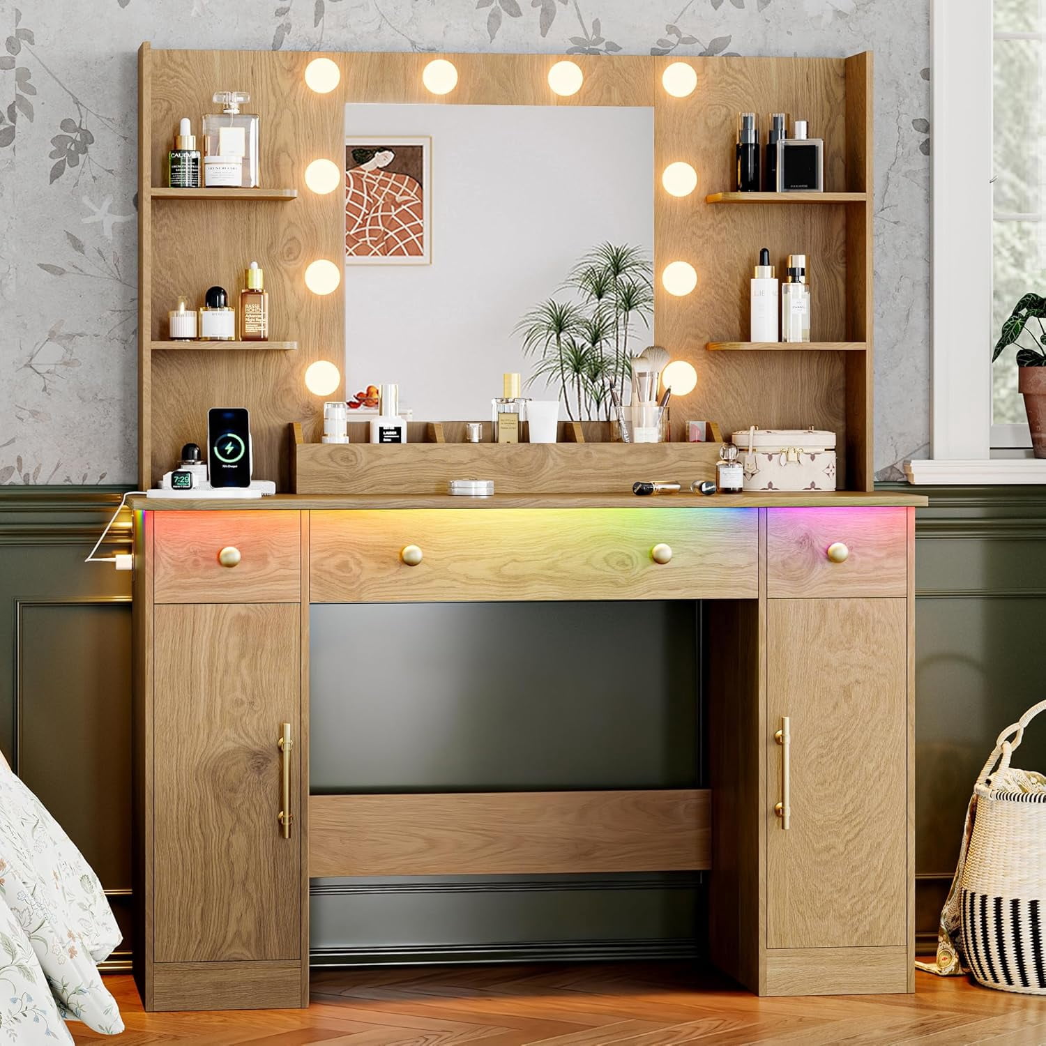 FANRAL 43'' Vanity Desk with 10 LED Lights,Under-Table RGB Strip & Built-in Power Station,Multi-Storage Makeup Table for Bedroom Bathroom Grooming,Natural Oak Vanity