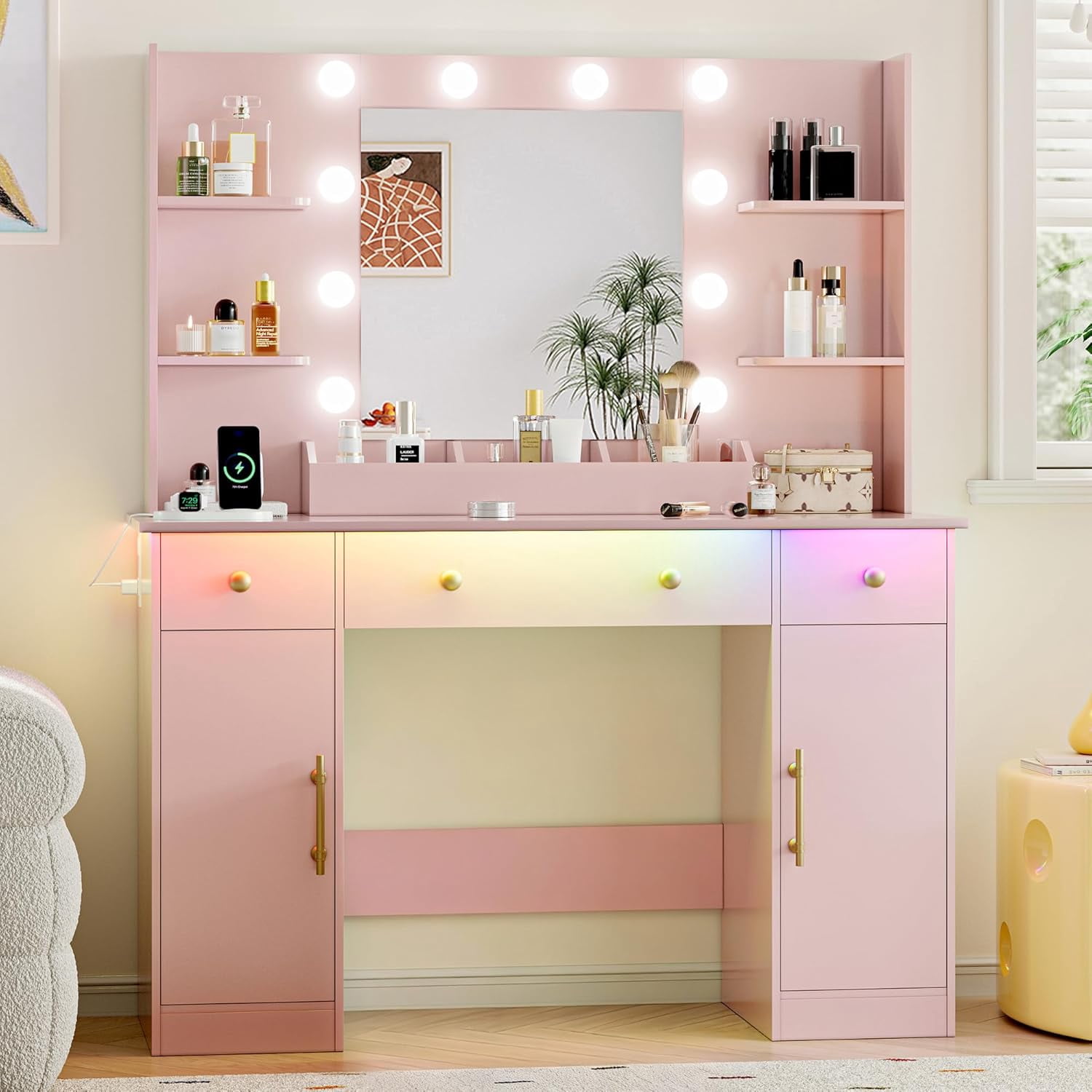 FANRAL 43'' Vanity Desk with 10 LED Lights,Under-Table RGB Strip & Built-in Power Station,Multi-Storage Makeup Table for Bedroom Bathroom Grooming,Pink Vanity