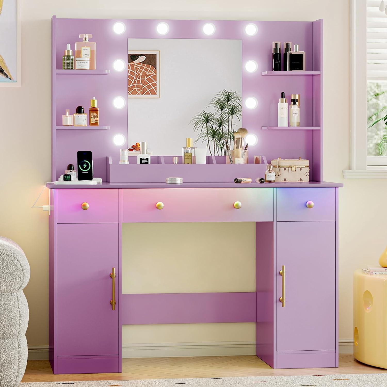 FANRAL 43'' Vanity Desk with 10 LED Lights,Under-Table RGB Strip & Built-in Power Station,Multi-Storage Makeup Table for Bedroom Bathroom Grooming,Purple Vanity