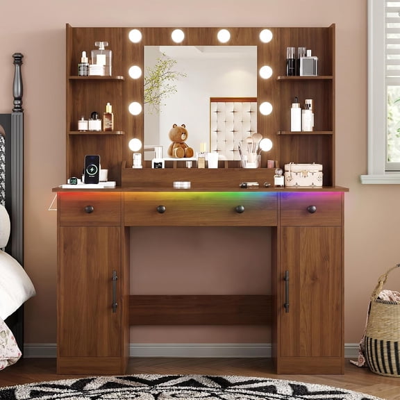 FANRAL 41.6'' Vanity Desk with 10 LED Lights,Under-Table RGB Strip & Built-in Power Station,Multi-Storage Makeup Table for Bedroom Bathroom Grooming,Walnut Vanity