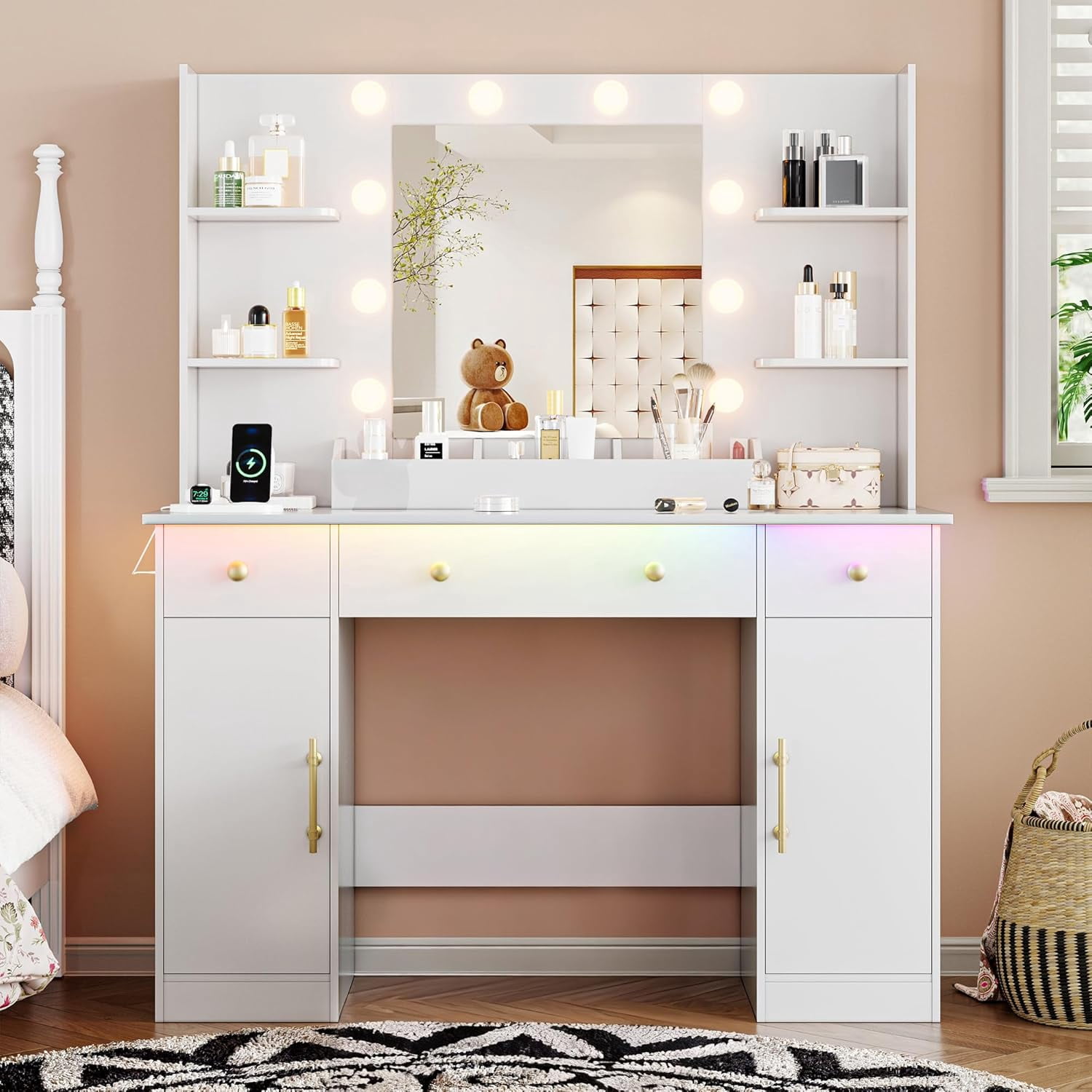 FANRAL 43'' Vanity Desk with 10 LED Lights,Under-Table RGB Strip & Built-in Power Station,Multi-Storage Makeup Table for Bedroom Bathroom Grooming,White Vanity