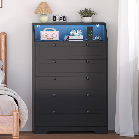 FANRAL 5 Drawers Dresser for Bedroom,Tall Dresser Modern Chest of Drawers with LED Open Shelf,Wood Closet Clothes Organizer Storage Cabinet,Black Dresser