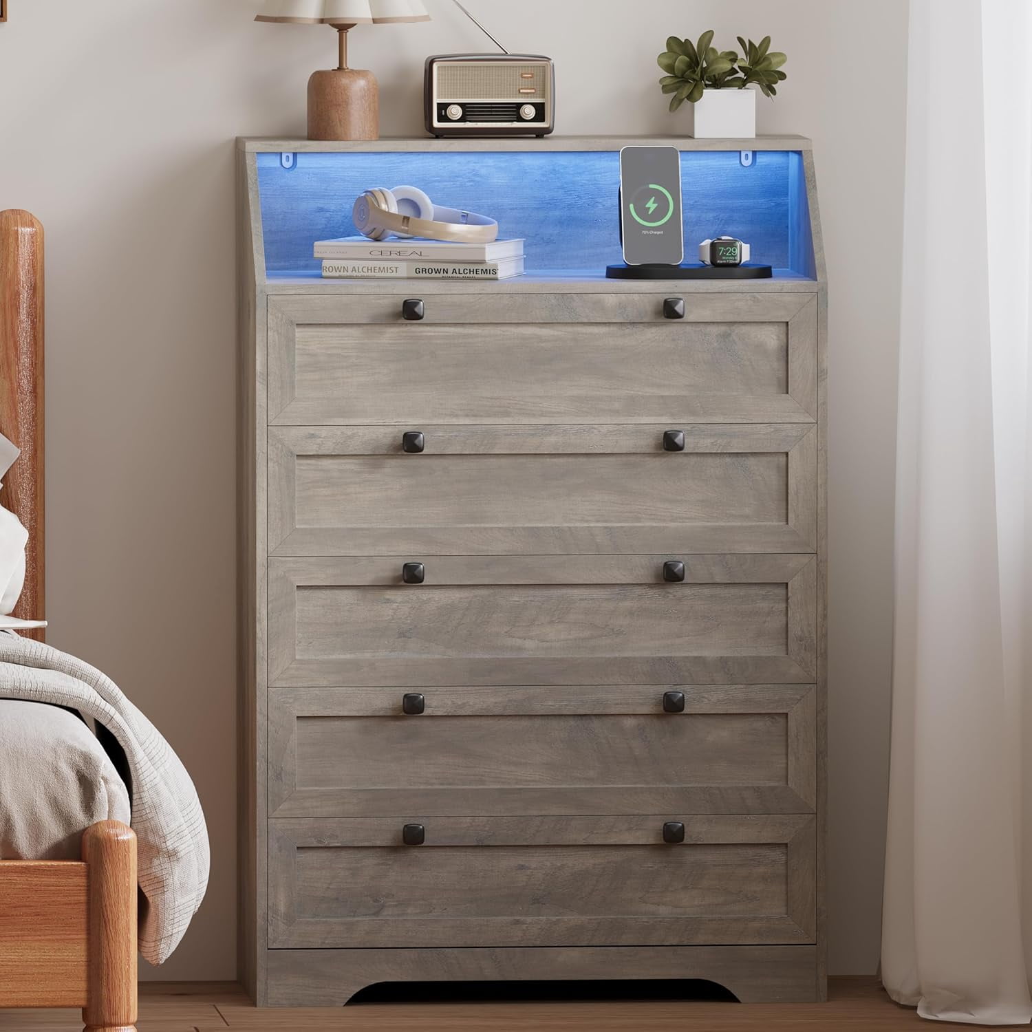 tall light grey dresser Amazon.com: Wodeer Grey Dresser Tall 5 Drawer Dresser for Bedroom, Wood Chest of Drawers with LED Lights, Charging Station, Metal Handles, Modern Storage Cabinet and Organizer Drawers for Living Room, Hallway :
