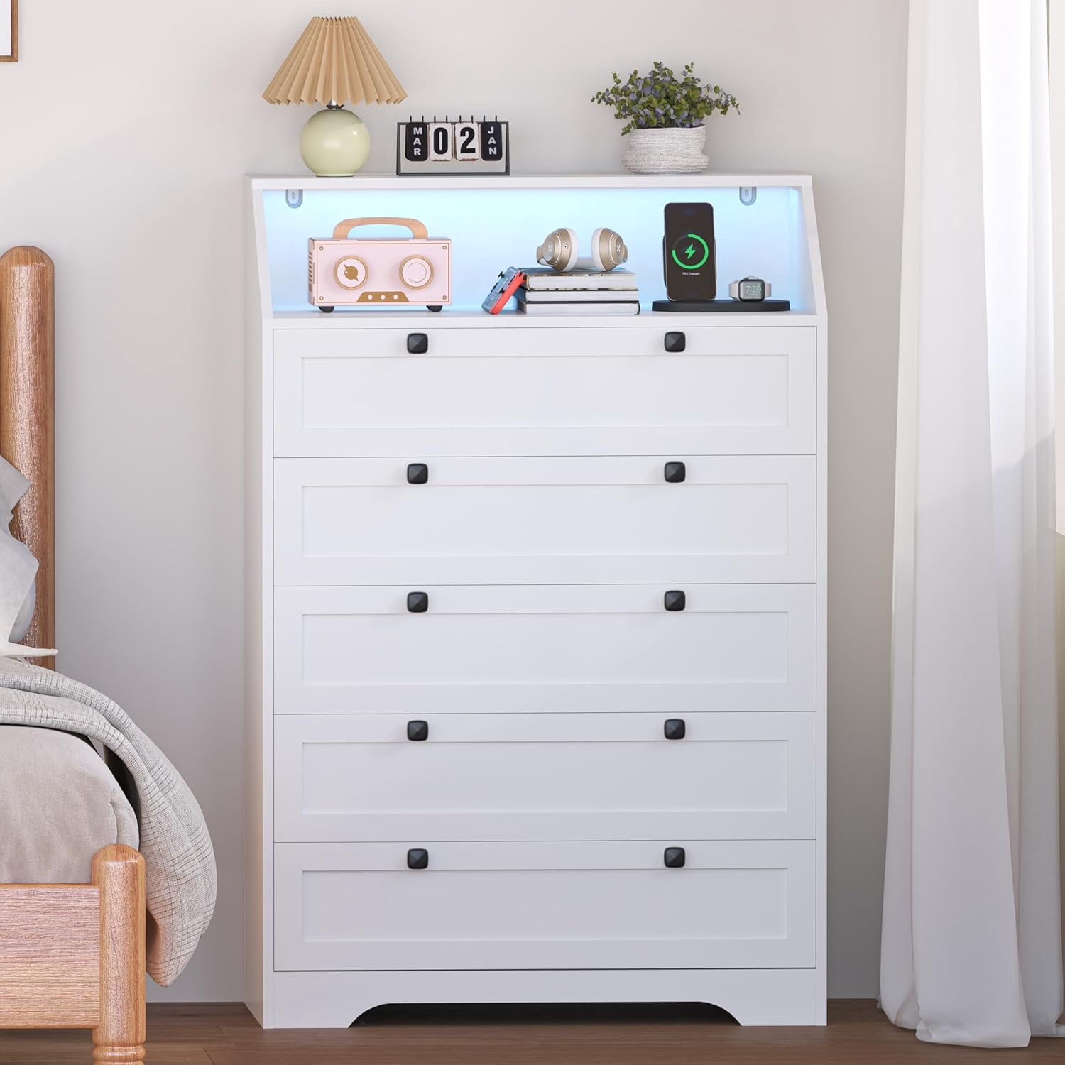 FANRAL 5 Drawers Dresser for Bedroom,Tall Dresser Modern Chest of Drawers with LED Open Shelf,Wood Closet Clothes Organizer Storage Cabinet,White Dresser