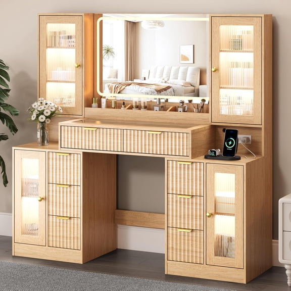 FANRAL 55" Oversized Fluted Vanity Desk with Lighted Mirror,RGB Cabinet Lighting & Tempered Glass Top,Built-in Charging Station & Multi-Drawer Storage for Bedroom & Beauty Room,Natural Oak Vanity