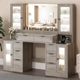 thumbnail image 1 of FANRAL 55" Oversized Fluted Vanity Desk with Lighted Mirror,RGB Cabinet Lighting & Tempered Glass Top,Built-in Charging Station & Multi-Drawer Storage for Bedroom & Beauty Room,Gray Vanity, 1 of 9