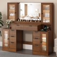 thumbnail image 1 of FANRAL 55" Oversized Fluted Vanity Desk with Lighted Mirror,RGB Cabinet Lighting & Tempered Glass Top,Built-in Charging Station & Multi-Drawer Storage for Bedroom & Beauty Room,Walnut Vanity, 1 of 10