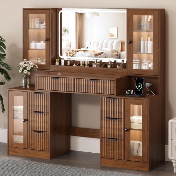 FANRAL 55" Oversized Fluted Vanity Desk with Lighted Mirror,RGB Cabinet Lighting & Tempered Glass Top,Built-in Charging Station & Multi-Drawer Storage for Bedroom & Beauty Room,Walnut Vanity