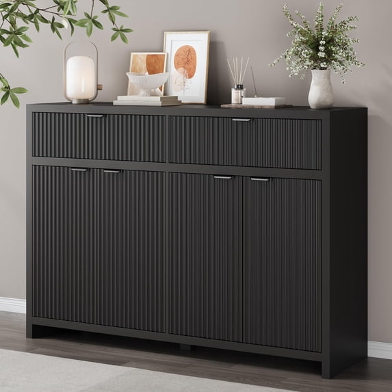 FANRAL 55" Wide Sideboard Buffet Cabinet with 2 Drawers & 4 Doors,Fluted Design with Adjustable Shelves for Living Room Kitchen Dining Room,Black Storage Cabinet