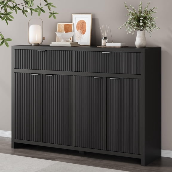 FANRAL 55" Wide Sideboard Buffet Cabinet with 2 Drawers & 4 Doors,Fluted Design with Adjustable Shelves for Living Room Kitchen Dining Room,Black Storage Cabinet