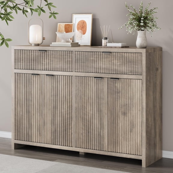 FANRAL 55" Wide Sideboard Buffet Cabinet with 2 Drawers & 4 Doors,Fluted Design with Adjustable Shelves for Living Room Kitchen Dining Room,Gray Storage Cabinet