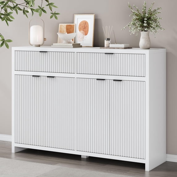 FANRAL 55" Wide Sideboard Buffet Cabinet with 2 Drawers & 4 Doors,Fluted Design with Adjustable Shelves for Living Room Kitchen Dining Room,White Storage Cabinet