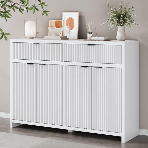 FANRAL 55" Wide Sideboard Buffet Cabinet with 2 Drawers & 4 Doors,Fluted Design with Adjustable Shelves for Living Room Kitchen Dining Room,White Storage Cabinet