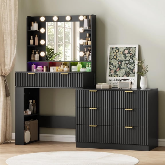 FANRAL 57" Fluted Vanity Dresser Combo with Lighted Mirror,RGB Adjustable Lighting & 8 Drawers,Mid-Century Modern Dressing Table with Built-in Charging Station for Bedroom,Black Vanity