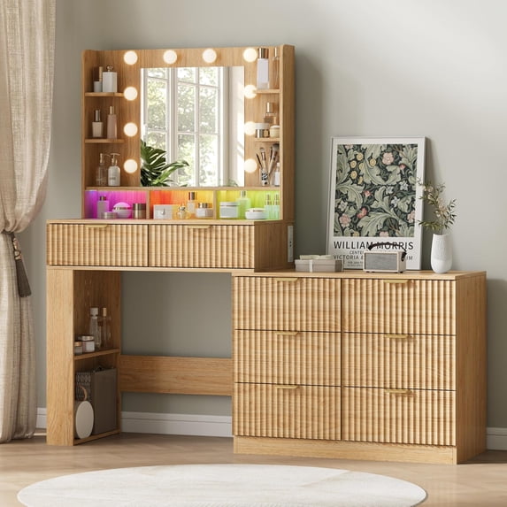 FANRAL 57" Fluted Vanity Dresser Combo with Lighted Mirror,RGB Adjustable Lighting & 8 Drawers,Mid-Century Modern Dressing Table with Built-in Charging Station for Bedroom,Natural Oak Vanity