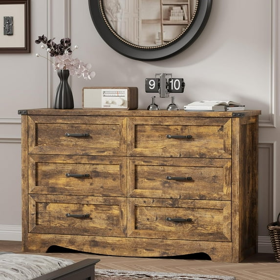 FANRAL 6 Drawer Dresser for Bedroom,Modern Wooden Chest of Drawers,Storage Organizer Dresser for closet,Brown Dresser