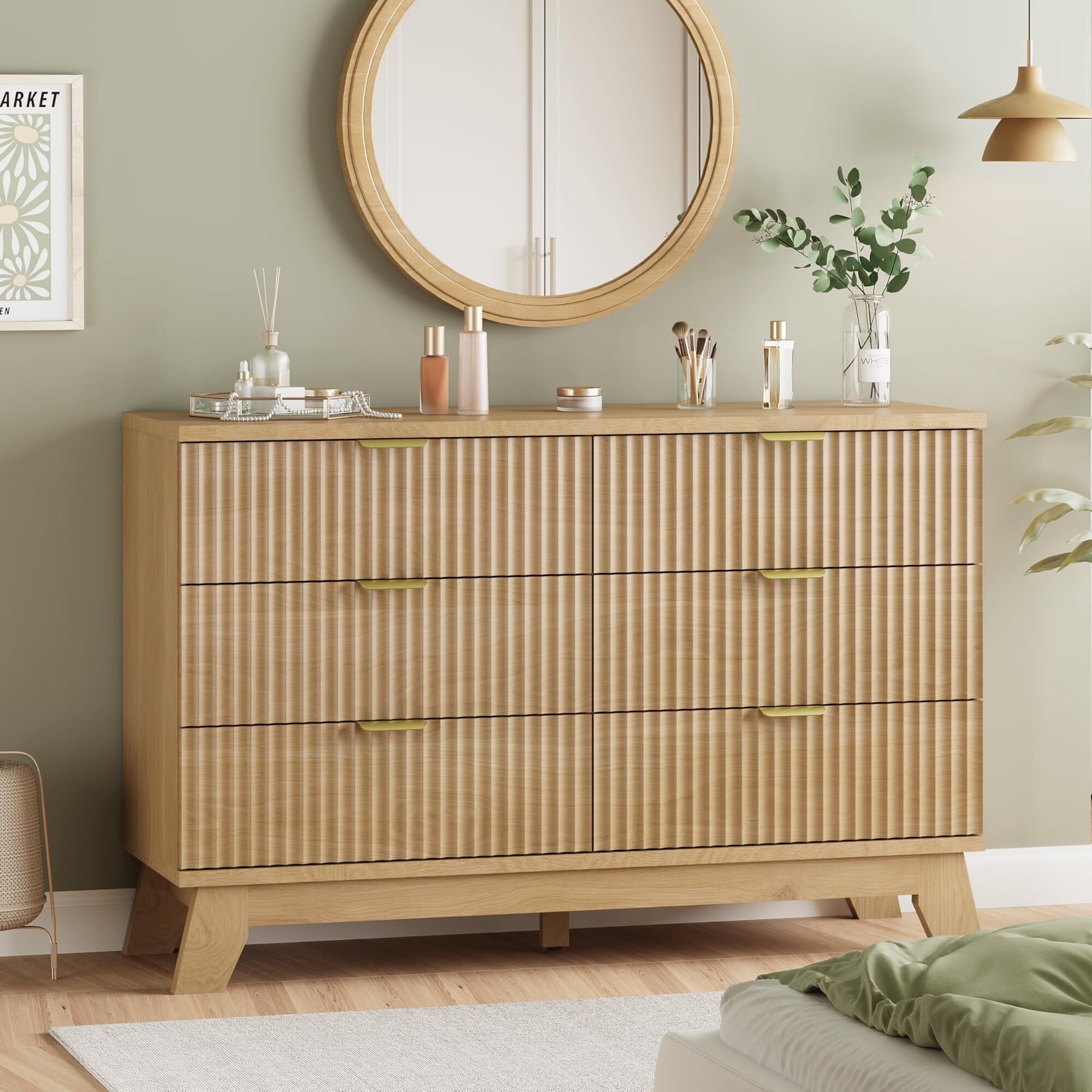 FANRAL 6 Drawers Dresser Fluted Dresser for Bedroom,Wooden Chest of Drawers Modern Dresser for Closet,Natural Oak Dresser