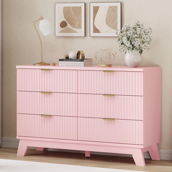 FANRAL 6 Drawers Dresser Fluted Dresser for Bedroom,Wooden Chest of Drawers Modern Dresser for Closet,Pink Dresser