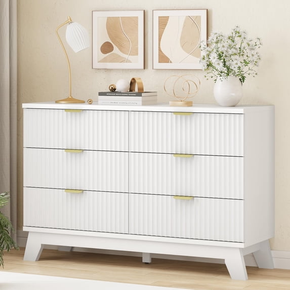 FANRAL 6 Drawers Dresser Fluted Dresser for Bedroom,Wooden Chest of Drawers Modern Dresser for Closet,White Dresser