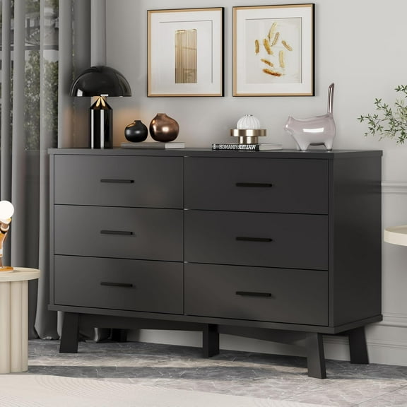 FANRAL 6 Drawer Dresser for Bedroom,Wood Modern Chest of Drawers with X-Shaped Sturdy Base,Black Dresser
