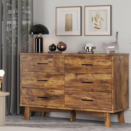 FANRAL 6 Drawer Dresser for Bedroom,Wood Modern Chest of Drawers with X-Shaped Sturdy Base,Brown Dresser