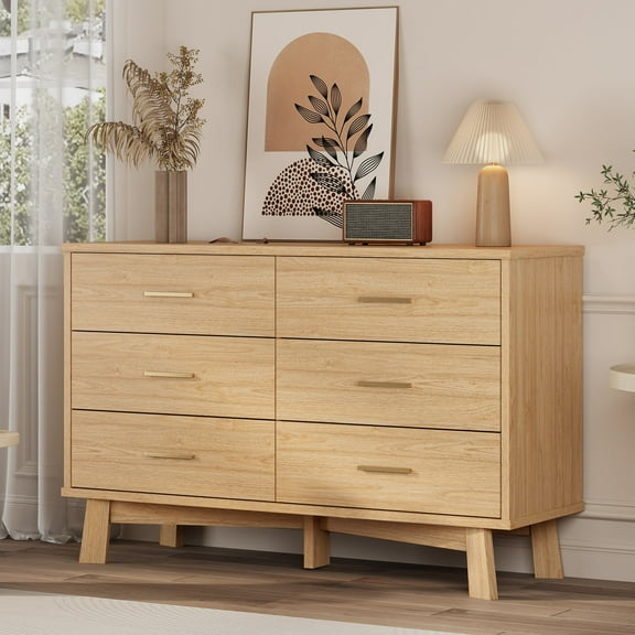 FANRAL 6 Drawer Dresser for Bedroom,Wood Modern Chest of Drawers with X-Shaped Sturdy Base,Natural Oak Dresser