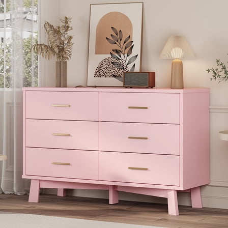 FANRAL 6 Drawer Dresser for Bedroom,Wood Modern Chest of Drawers with X-Shaped Sturdy Base,Pink Dresser