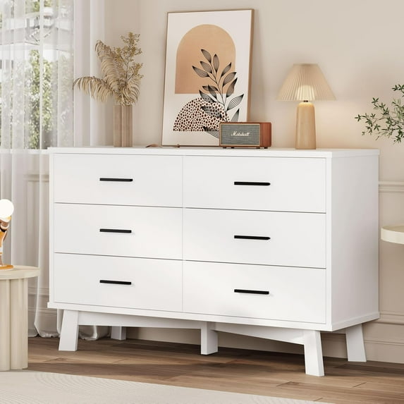 FANRAL 6 Drawer Dresser for Bedroom,Wood Modern Chest of Drawers with X-Shaped Sturdy Base,White Dresser