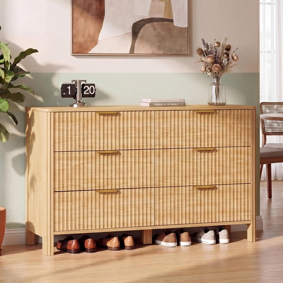 FANRAL 6 Drawer Wide Dresser, Modern Fluted Chest of Drawers with Sturdy Legs, Large Storage Dresser for Bedroom,Natural Oak Dresser