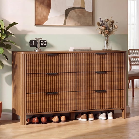 FANRAL 6 Drawer Wide Dresser, Modern Fluted Chest of Drawers with Sturdy Legs, Large Storage Dresser for Bedroom,Walnut Dresser