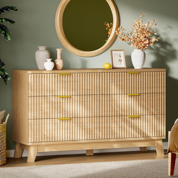 FANRAL 6 Drawers Dresser for Bedroom,54" Wide Fluted Dresser,Wooden Dresser TV Stand,Modern Closet Clothes Storage Organizer for Bedroom,Natural Oak Dresser