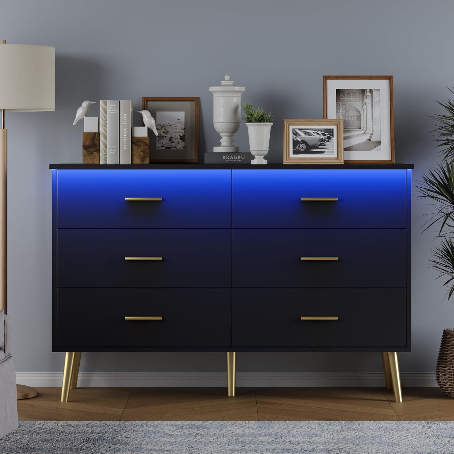 FANRAL 6 Drawers Dresser for Bedroom,Wood Modern Chest of Drawers with LED Light,Metal Support Feet,Black Dresser