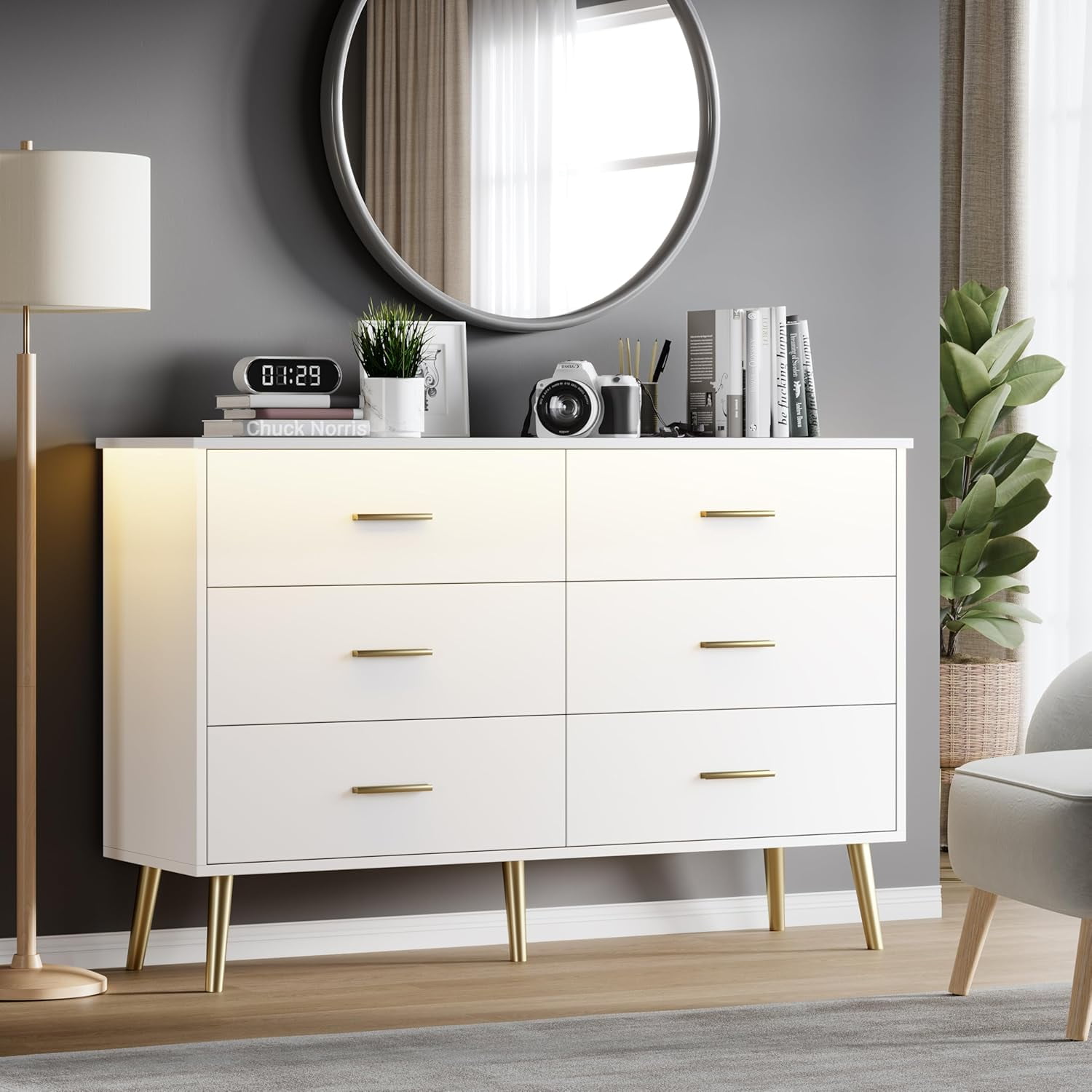 FANRAL 6 Drawers Dresser for Bedroom,Wood Modern Chest of Drawers with LED Light,Metal Support Feet,White Gold Dresser